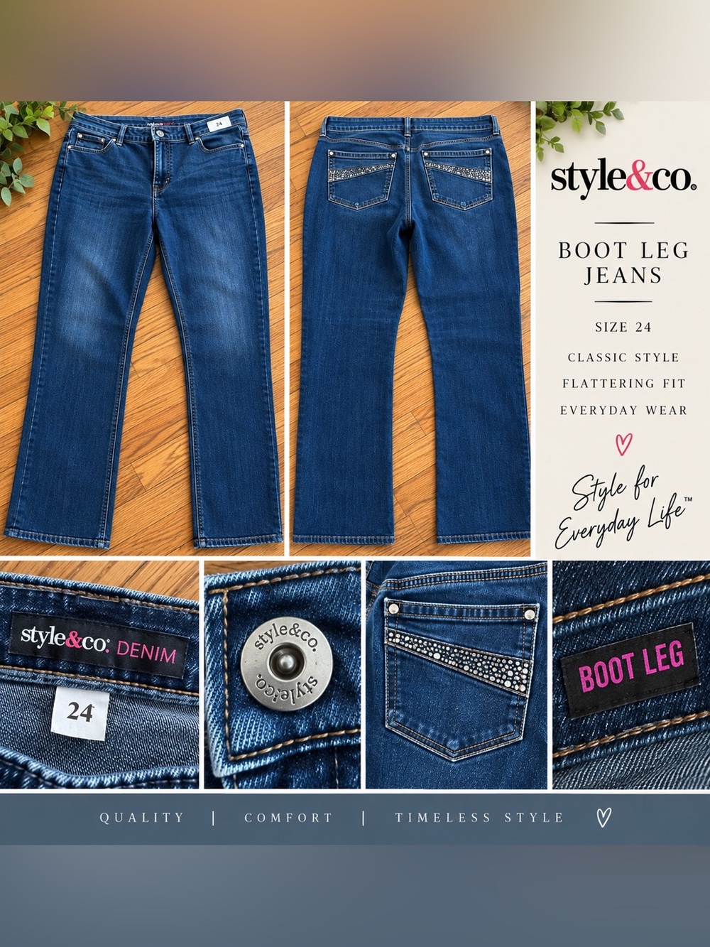 Style & Co. Women's Dark Blue Bootcut Jeans with Rhinestone Back Pockets